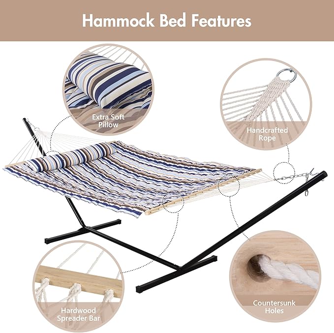 ANOW Outdoor Double Hammock with Stand, Portable Hammock with Detachable Pillow and Pad for Garden Yard Outside, 450 LBS Weight Capacity, Blue Seaside