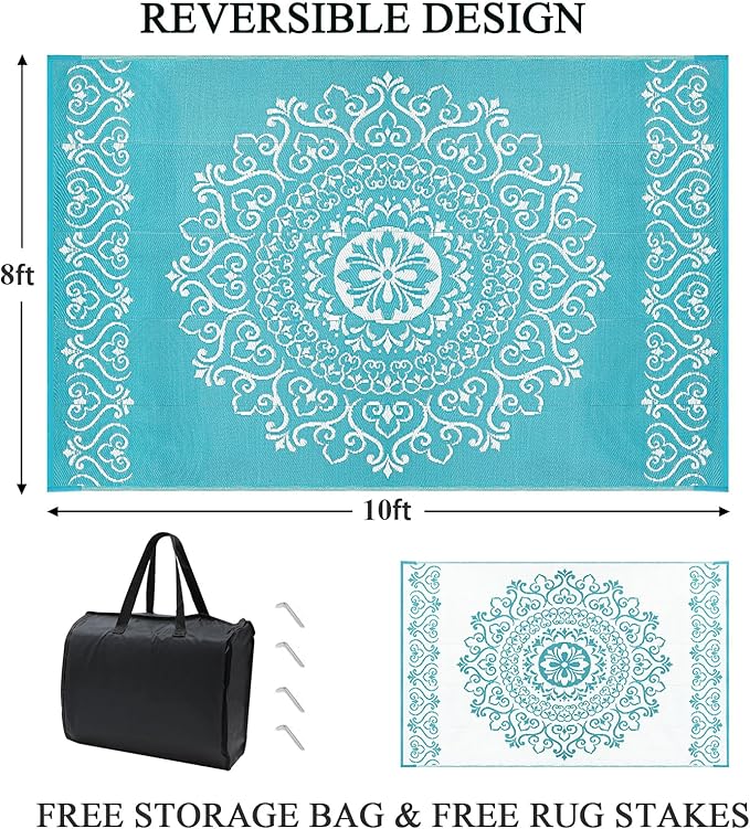 Pauwer Waterproof Outdoor Rug 8x10, Reversible Plastic Straw Patio Camping Rug, Indoor Outdoor RV Mat Carpet for Deck, Camper, Porch, Balcony, Backyard, Picnic, Floral Teal