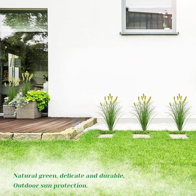 Artificial Grass Plants Outdoor 24 Bunches Fake Onion Grasses with Plush Fake Shrubs Plant Flowers Faux Greenery Wheat Sea Grass for Outside Garden Indoor House Home Office Room Décor (Green & Red）