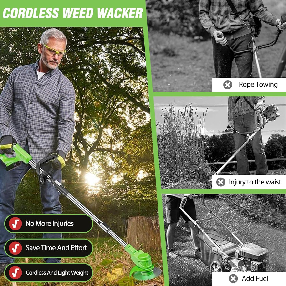 ALSO GO Electric Weed Wacker Grass Trimmer, 3 in 1 Weed Eater Battery Powered, Cordless Trimmer with 2pcs 24V Batteries, Stringless Lightweight Lawn Edger Brush Cutter for Lawn Garden Yard