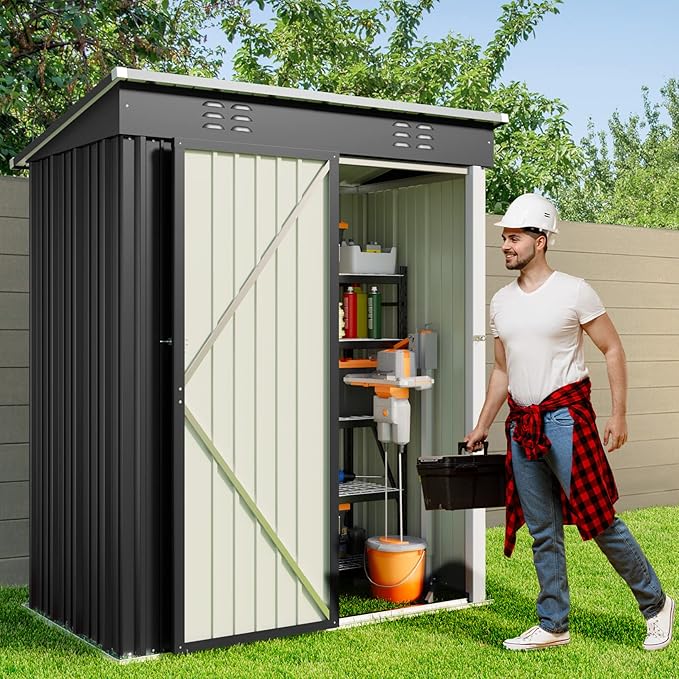 Gizoon 5 'x 3'Outdoor Storage Shed with Singe Lockable Door,Galvanized Metal Shed with Air Vent Suitable for The Garden,Tiny House Storage Sheds Outdoor for Backyard Patio Lawn-Dark Gray