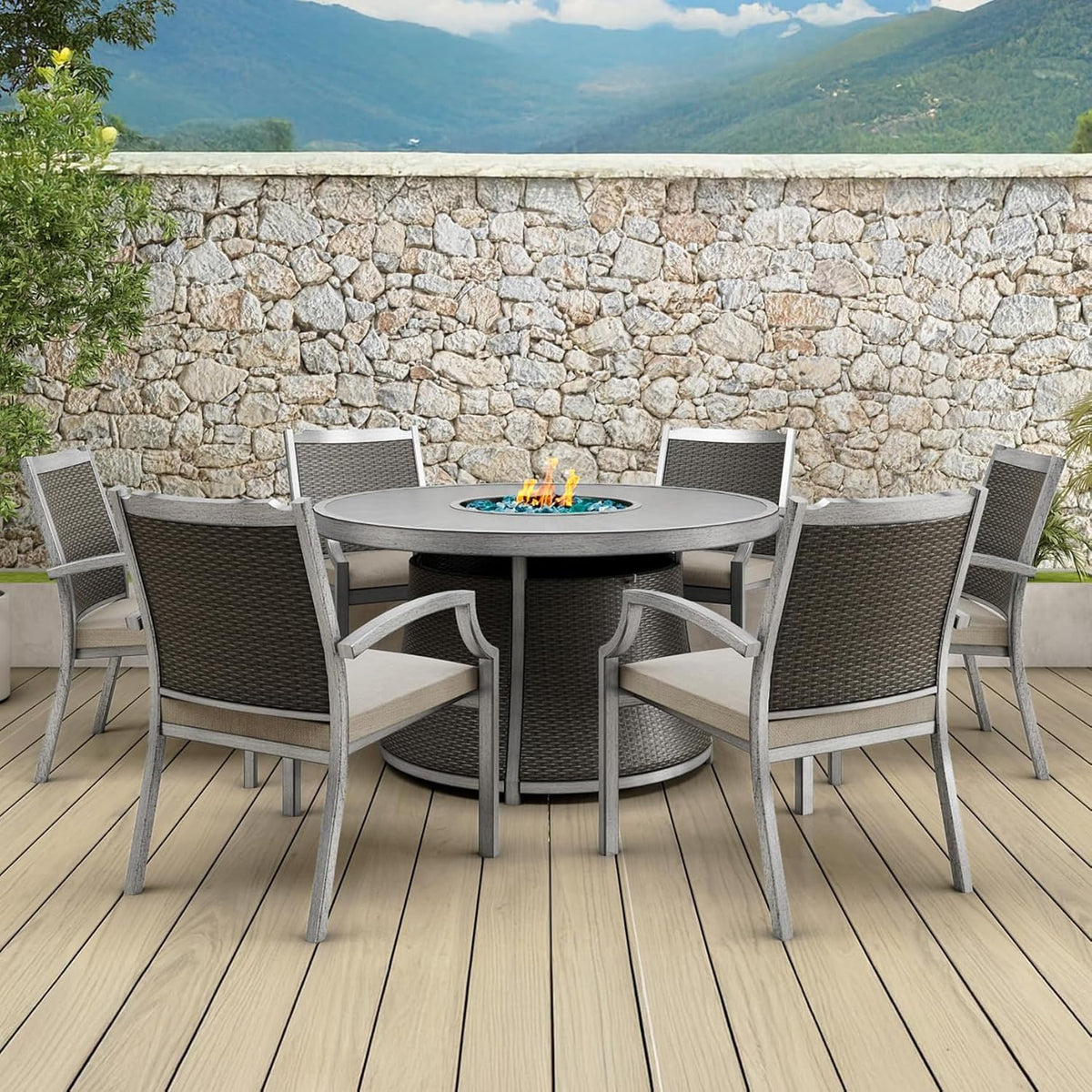 Mazatzal 7 Piece Wicker Patio Furniture Set with 52" Round Propane Gas Firepit Table, 6 Patio Chairs with Cushions, Outdoor Aluminum Conversation Set for Poolside, Backyard, CSA Certified, Gray