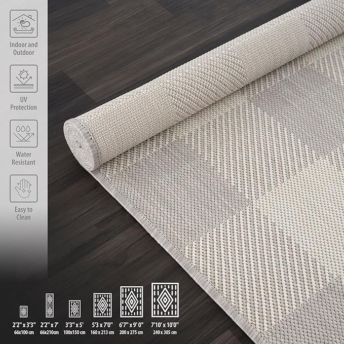 CAMILSON Outdoor Rug - Modern Area Rugs for Indoor and Outdoor Patios, Kitchen and Hallway mats - Easy Cleaning Non Shedding Washable Outside Carpet (5x7, Buffalo - Grey/White)