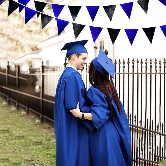 Royal Blue Black Party Decorations Navy Black Metallic Fabric Triangle Pennant Banner Flag Bunting Garland for Graduations Birthday Retirement Wedding Bachelorette Nautical Outdoor Party Supplies