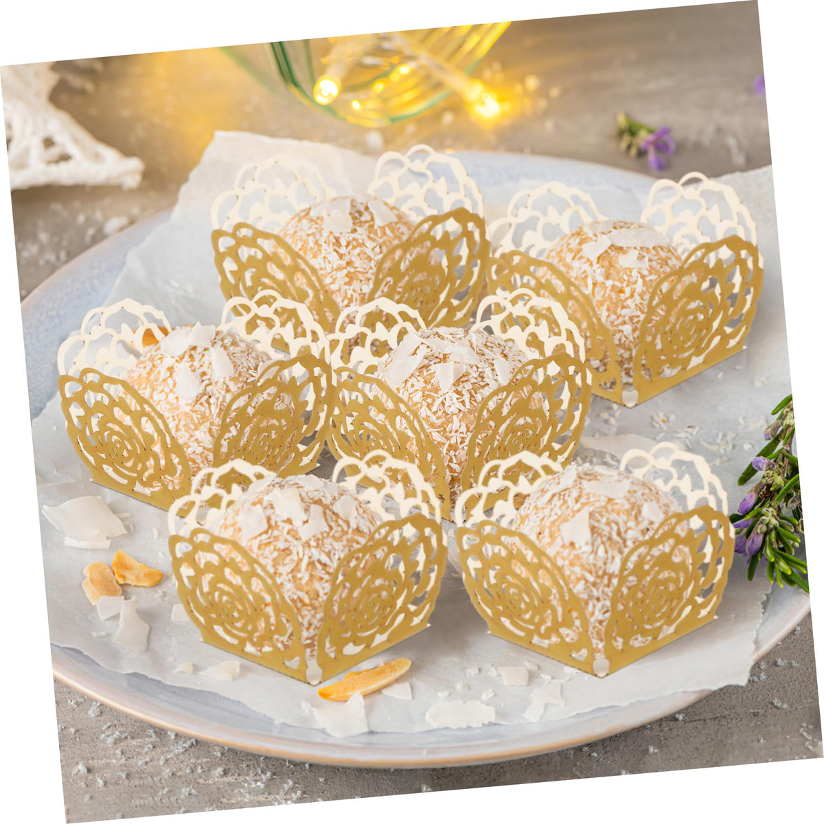 Mobestech 100Pcs Chocolate Truffle Wrappers Hollow Rose Flower Dessert Cups for Wedding Party Decoration and Reflective Chocolate Liners
