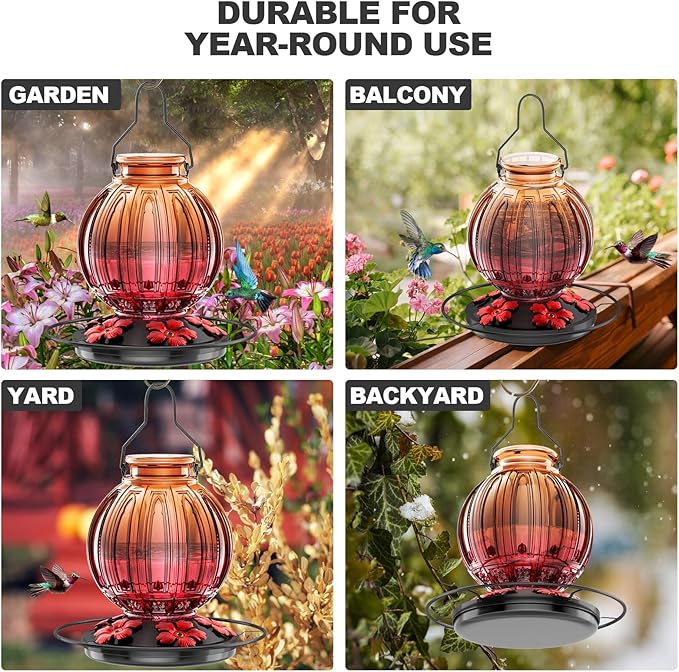 Glass Hummingbird Feeder for Outdoors Hanging, 26Oz Bird Nectar Feeder with Perch & 5 Flower Feeding Ports, Leak Proof for Outside Garden Decor Backyard, Gifts for Women Mom, Clear & Red