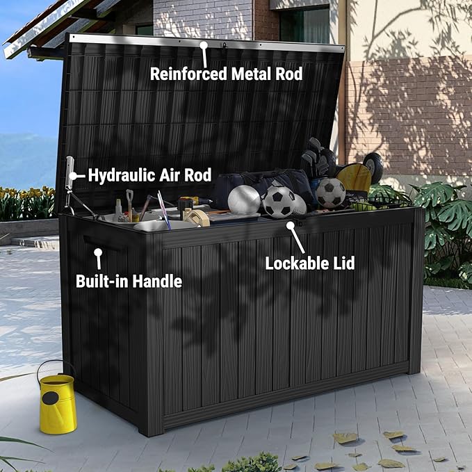 Mars Villa 180 Gallon Outdoor Storage Box Waterproof, Extra Large Resin Deck Box, Outside Storage Bin for Patio Furniture Cushions, Pool Supplies, Sports Gear, UV Resistant and Weatherproof, Black