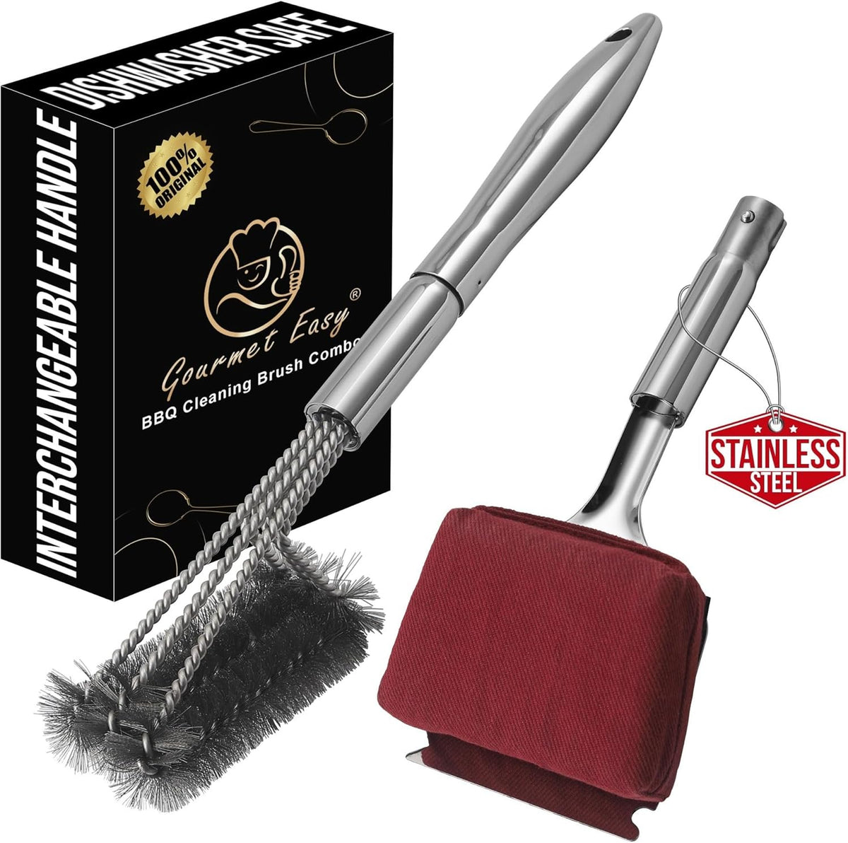 Stainless Steel Grill Brush Cleaning Kit, Grilling Accessories, Interchangeable BBQ Brush & Griddle Scraper with Fire-Resistant Cleaning Sponge, Dishwasher Safe Grill Cleaner, BBQ Accessories