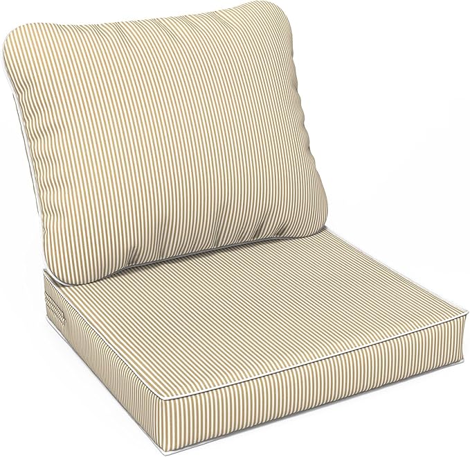 LVTXIII Outdoor Deep Seat Cushion Patio Seat and Back Cushion Set Seasonal Chair Cushion with Removable Cover and Adjustable Buckle for Home and Garden, 24"x24"x4", Strip Beige