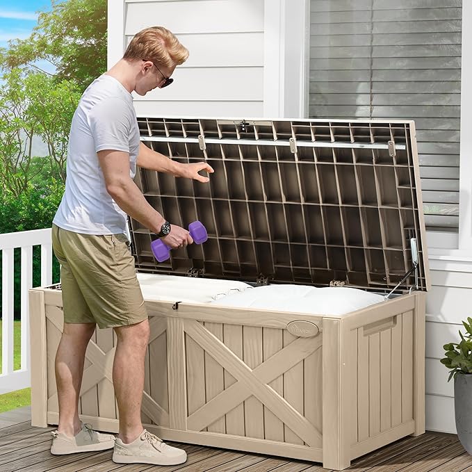 YITAHOME 120 Gallon Large Deck Box, Upgraded Resin Outdoor Storage Boxes w/Flexible Divider, Waterproof Cushion Storage Bench for Patio Furniture, Pool Supplies, Garden Tools - Lockable, Taupe