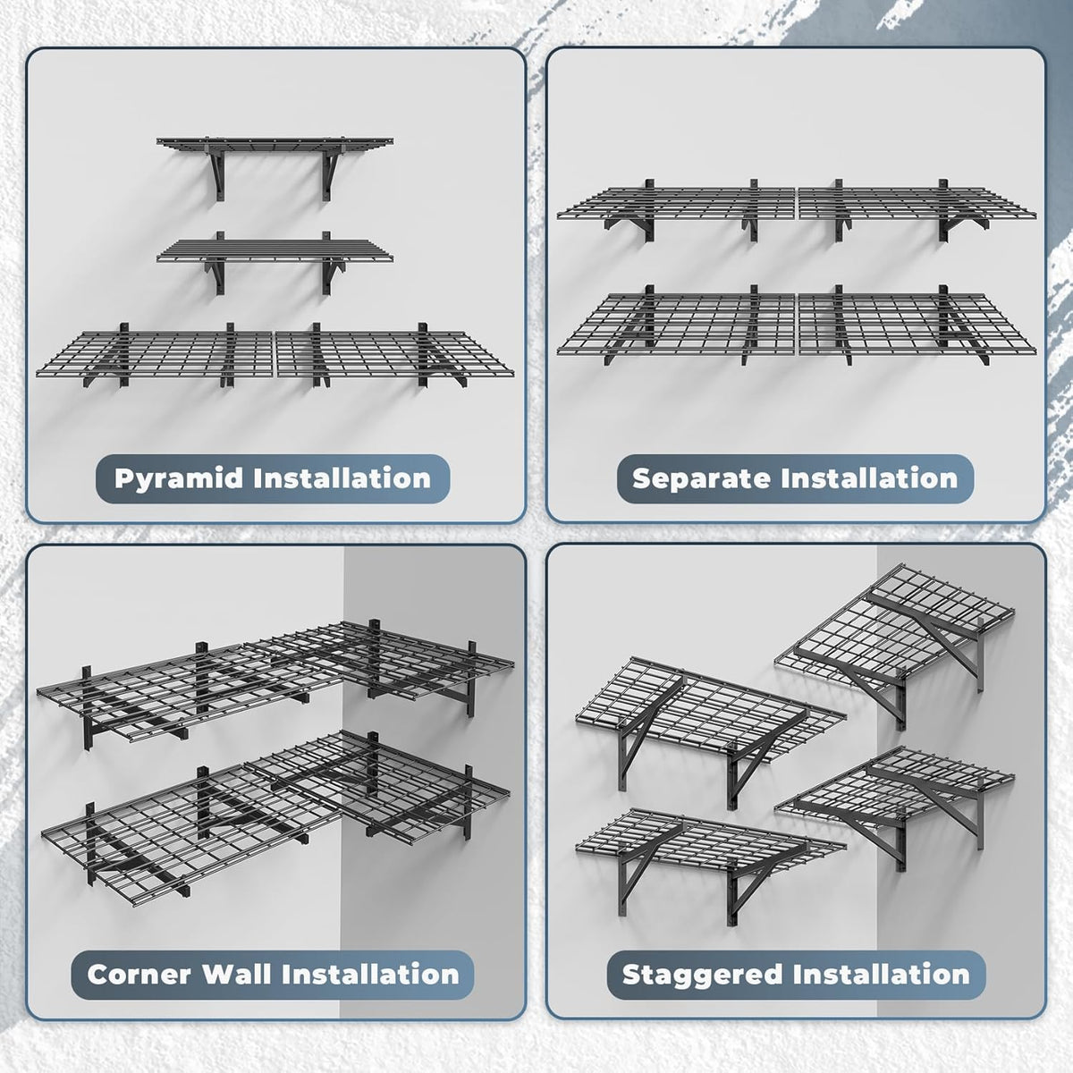 4 Pack Heavy Duty Garage Wall Shelving Set (2x3ft), Wall Mounted Garage Shelves 1000lbs Capacity, 24"x72" Shelf Storage Rack Floating Shelves, Black