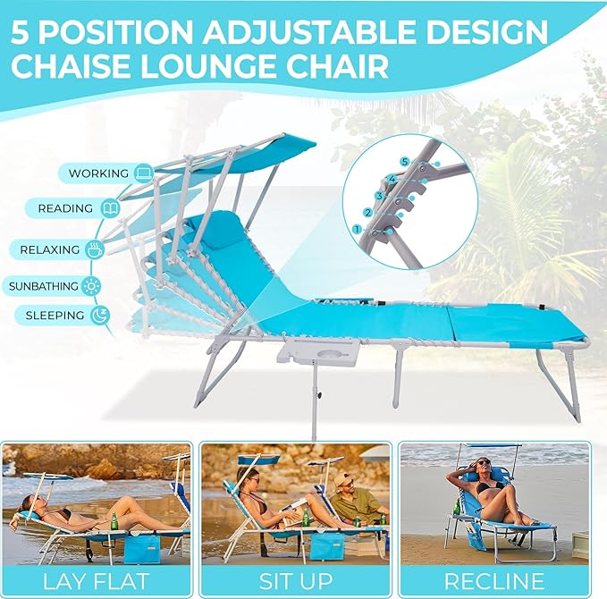 #WEJOY 4 in 1 Tanning Chair with Face Hole & Canopy & Side Table, 5 Positions Adjustable Folding Waterproof Facedown Chaise Lounge with Pillow Quick Dry for Beach Pool Outdoor Camping Patio (Blue)