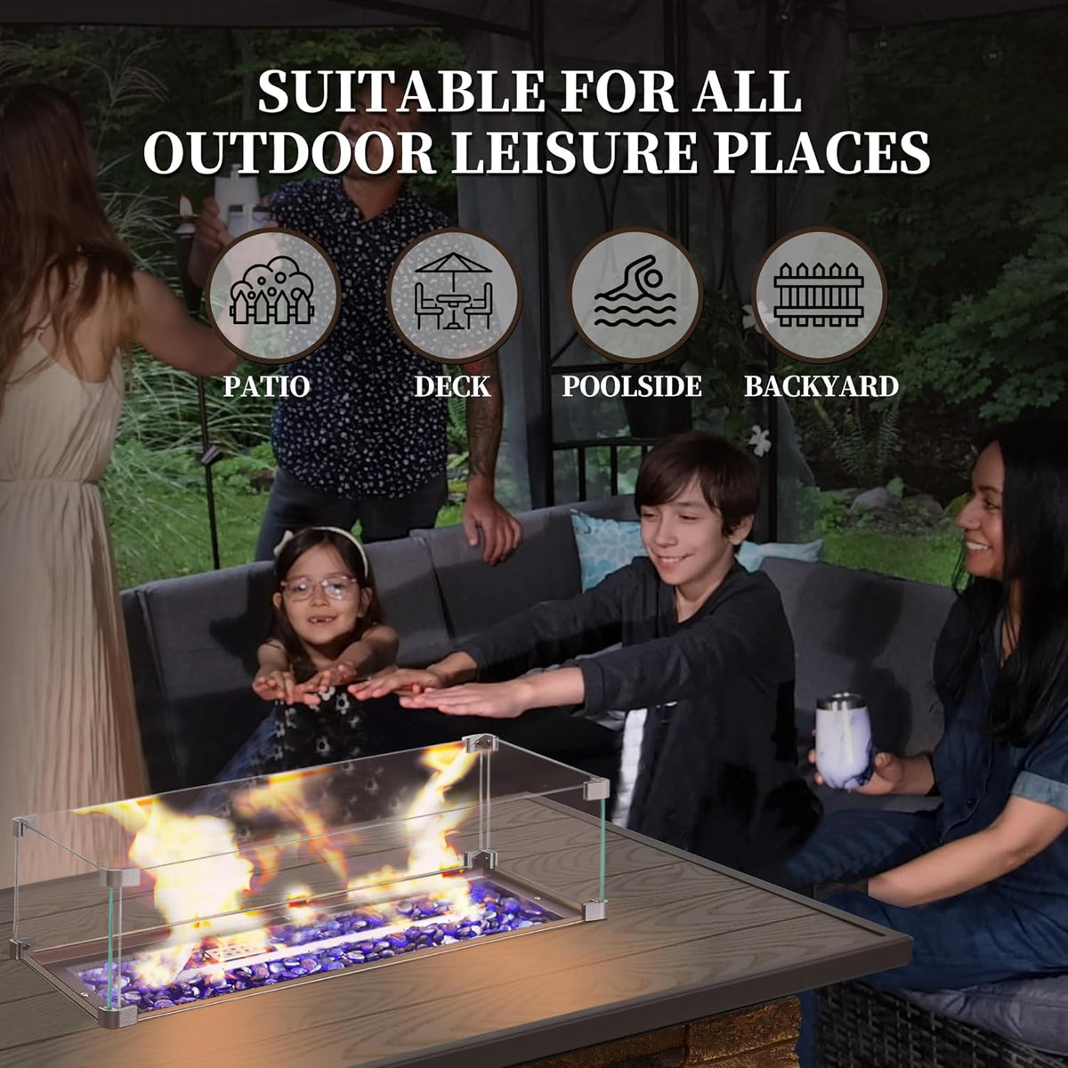43” Propane Fire Pit Table Outdoor Rectangular Stone Firepit Table 50,000 Btu Propane Fire Tables for Outside Patio with Glass Wind Guard, Lid, Fire Glass Beads,Brown Rock Look