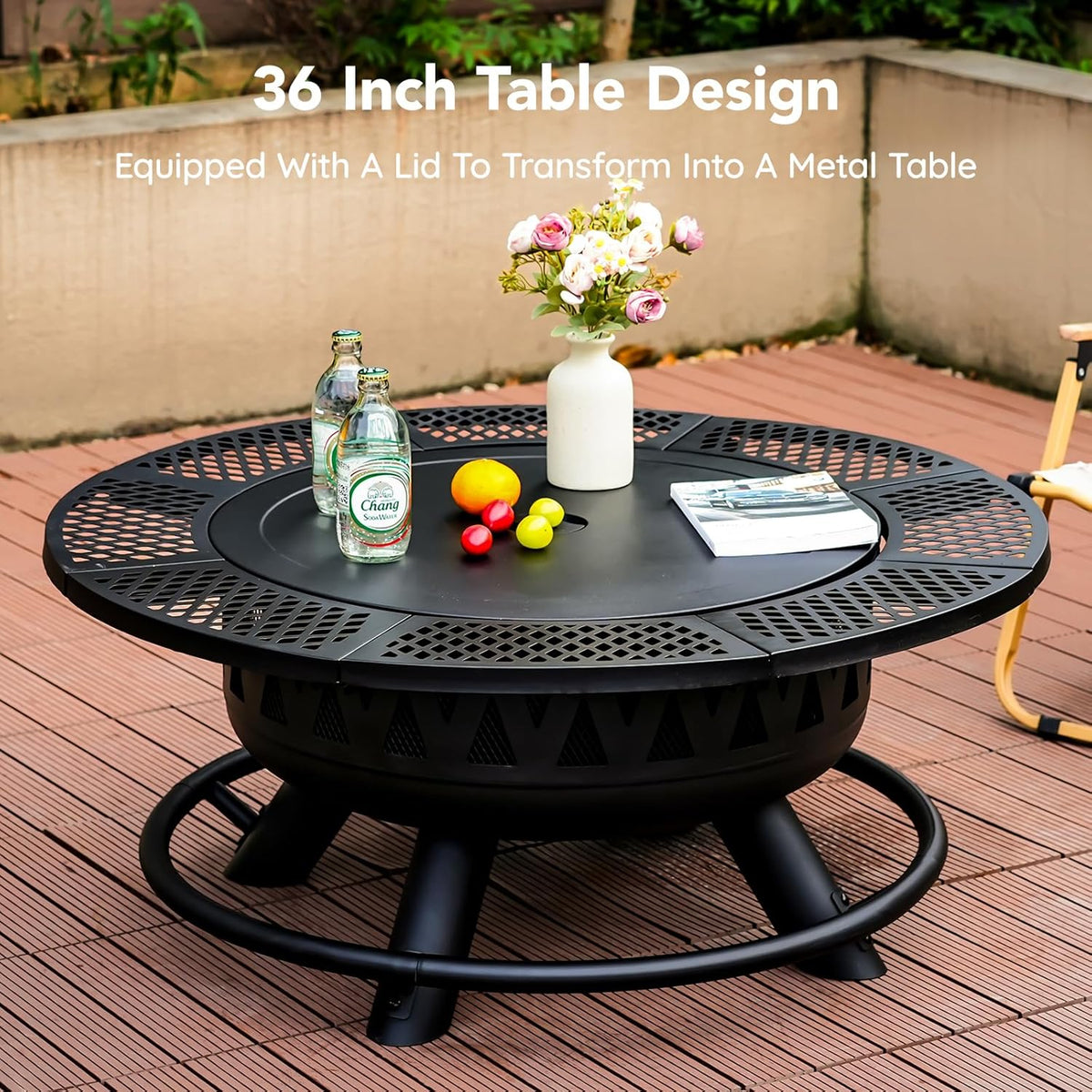 36 Inch Fire Pit with 2 Grills, Large Outdoor Firepits for Outside, Wood Burning Fireplace for Camping,Picnic,Bonfire, 3-in-1 Round Metal Table with Lid for Backyard,Patio,Party