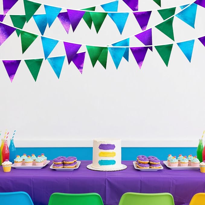 Blue Green Purple Party Decorations Metallic Fabric Triangle Pennant Banner Flag Bunting for Men Boys Video Game Theme Birthday Graduations Retirement Wedding Bachelor Baby Shower Party Supplies