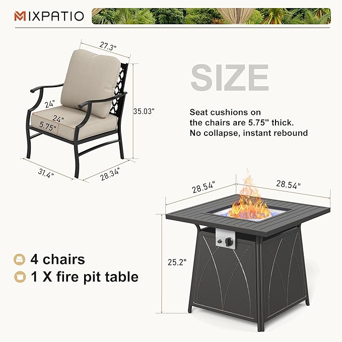 Patio Furniture Set with Fire Pit Table, 5 Pcs Metal Outdoor Conversation Set, 4 Single Chairs with 5.75" Extra Thick Cushion and 28" Fire Pit Table for Backyard Deck, Beige