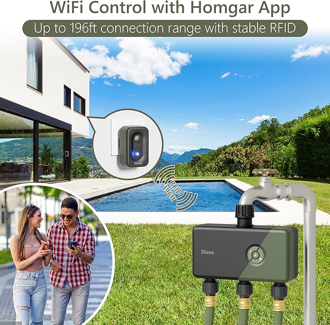 Diivoo WiFi Sprinkler Timer 3 Zone, Smart Water Hose Timer Compatible with Alexa and Google, Remote Control Irrigation Timer, Automatic Manual Watering, Rain Delay, for Garden, Yards and Lawns