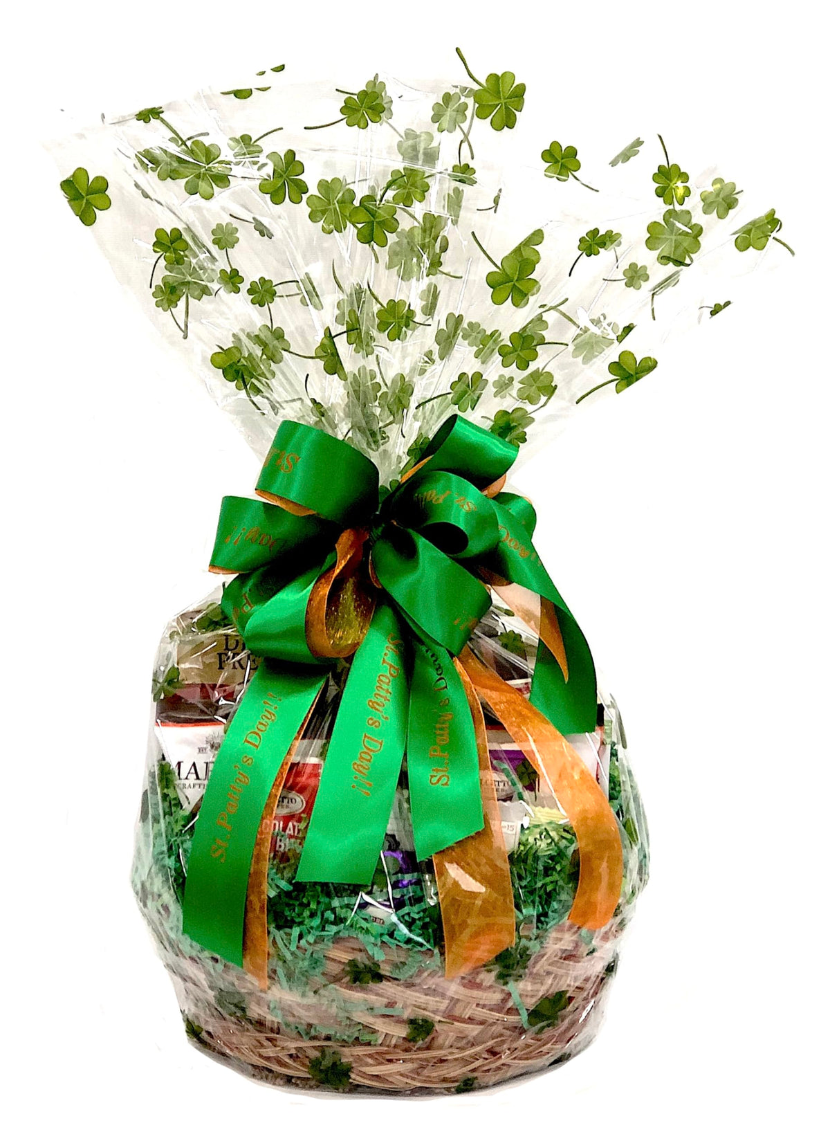 St. Patrick’s Day Gift Basket with Chocolate, Candy & Snacks - 10 Inch Shamrock Wrapped Gift Basket - Irish Holiday Treats for Family, Friends
