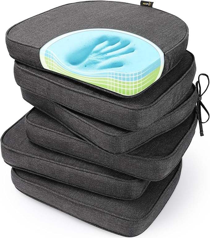 SUNROX Gel Memory Foam Chair Cushions, FadeShield Water-, Stain-Resistant Durable Reversible Seat Cushion Pads with Ties for Indoor/Outdoor Kitchen Dining Office 17"x16" Set of 6, Midnight