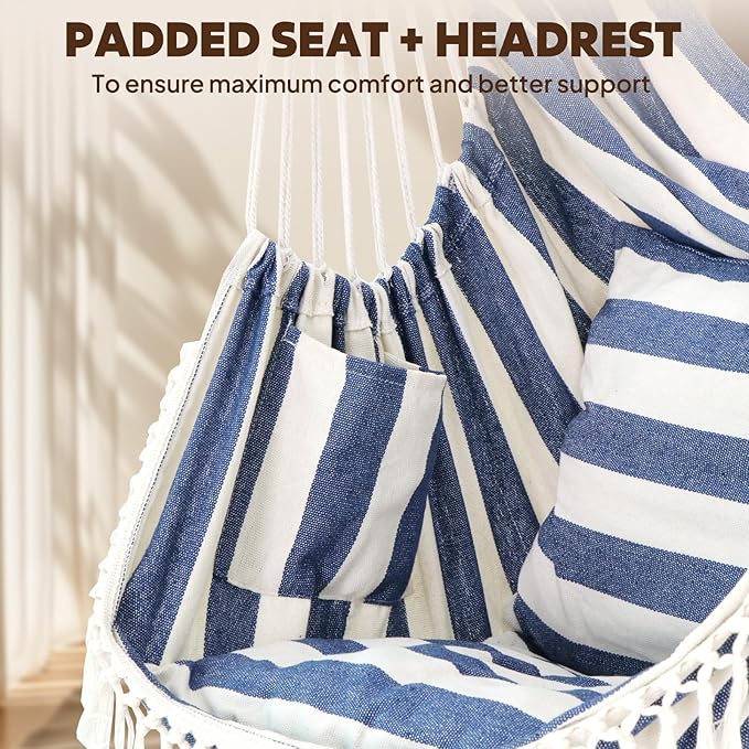 Chihee Hammock Chair Hanging Swing 2 Pillows Included,Strong Webbing Straps and Hooks for Easy Hanging Soft Cotton Hanging Chair Side Pocket Tassel Chair Comfort Indoor Outdoor Blue White