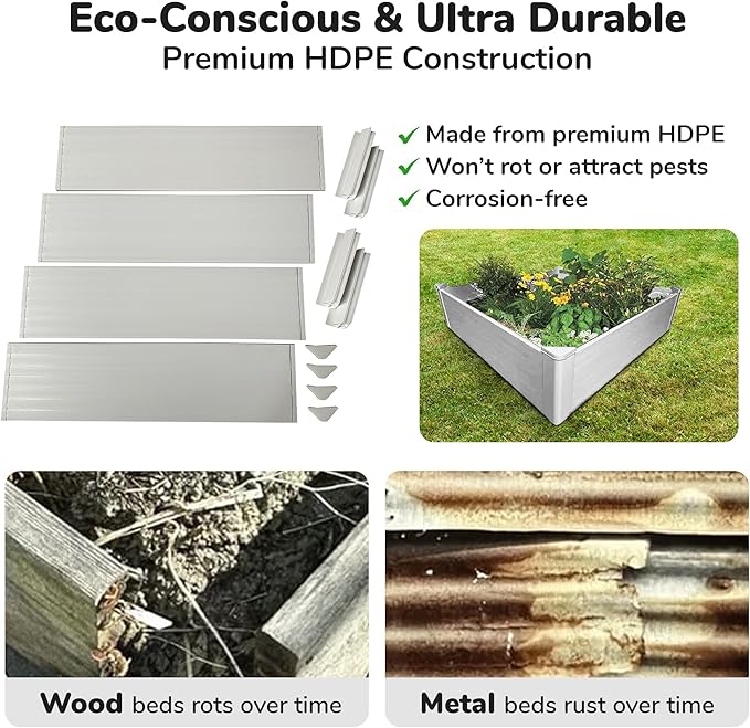 Raised Garden Bed - 4x4 ft Planter Box - White HDPE - No Tools Needed - DIY Kit for Urban Gardening, Flowers, Herbs & Vegetables - Made in The USA