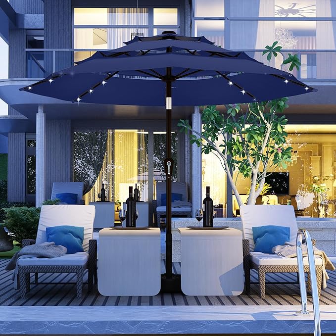 Kingdura 10ft 3-Tier Patio Umbrella with Solar Lights, Table Umbrella Outdoor Patio with Easy Crank & Tilt, 8 Sturdy Ribs, UV Protection, 32 LED Lights for Deck, Poolside, Market (Navy blue)
