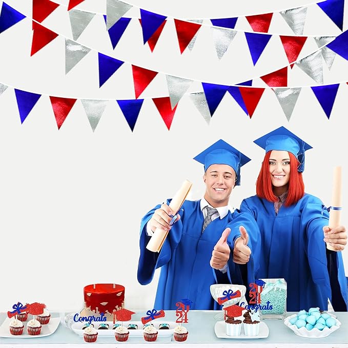 Red Blue Silver Party Decorations Metallic Fabric Triangle Pennant Banner Flag Bunting Garland for Graduations 4th of July American USA National Day Patriotic Veterans Birthday Outdoor Party Supplies
