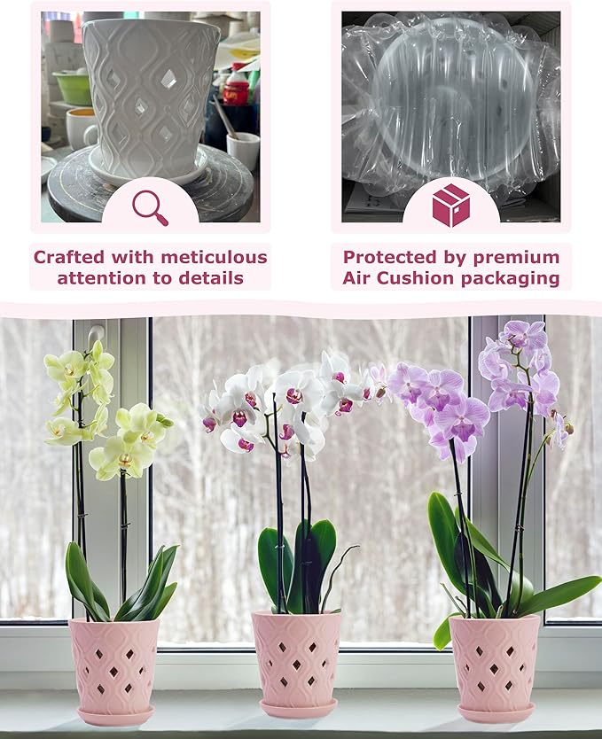 Whispering Winds Ceramic 5 x 6 Inch Orchid Pot with Holes & Saucer for Aeration and Drainage - Decorative Orchid Pots for Repotting, Prevent Over Watering & Root Rot (Cavern Pink)