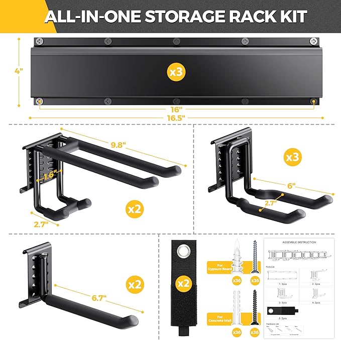 LBT 49.5"Garage Tool Organizer Wall Mount 500lbs Garden Tool Organizer for Garage with Adjustable Hooks,Heavy Duty Yard Tool Storage Rack, Anti-Rust Shed Rack Holder Hanging Rake Broom Mower Snowboard