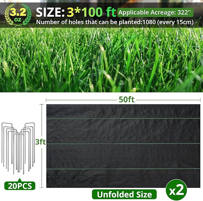 3ft x 100ft Weed Barrier Landscape Fabric, 3.2oz Heavy Duty Woven Geotextile with 20 U-Shaped Pegs & Pre-Printed Cutting Lines, Ground Cover Colth Garden Bed Liner for Landscape, Driveway, Greenhouse