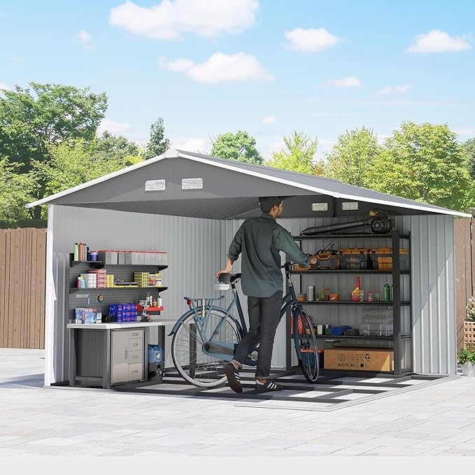 Outsunny 11' x 9' Outdoor Storage Shed, Garden Tool Metal Shed with Foundation Kit, Double Lockable Door, Air Vents and Sloping Roof, for Backyard, Patio, Lawn, Gray