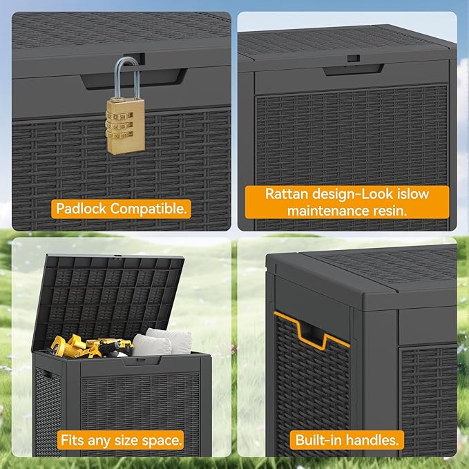 NUNU LAB 30 Gallon Waterproof Outdoor Storage Box, Lockable Resin Deck Box Bench for Patio Cushions, Garden Tools, Pool Accessories & Package Deliveries – Black
