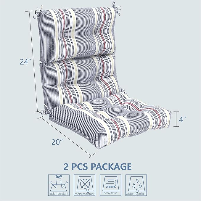 LVTXIII Outdoor Tufted High Back Cushions Set of 2 Patio Seasonal Replacement Rocking Chair Cushion with Ties, Solid Seat and Back Chair Cushion, (44” L x 22W”, Stripe Denim Blue)