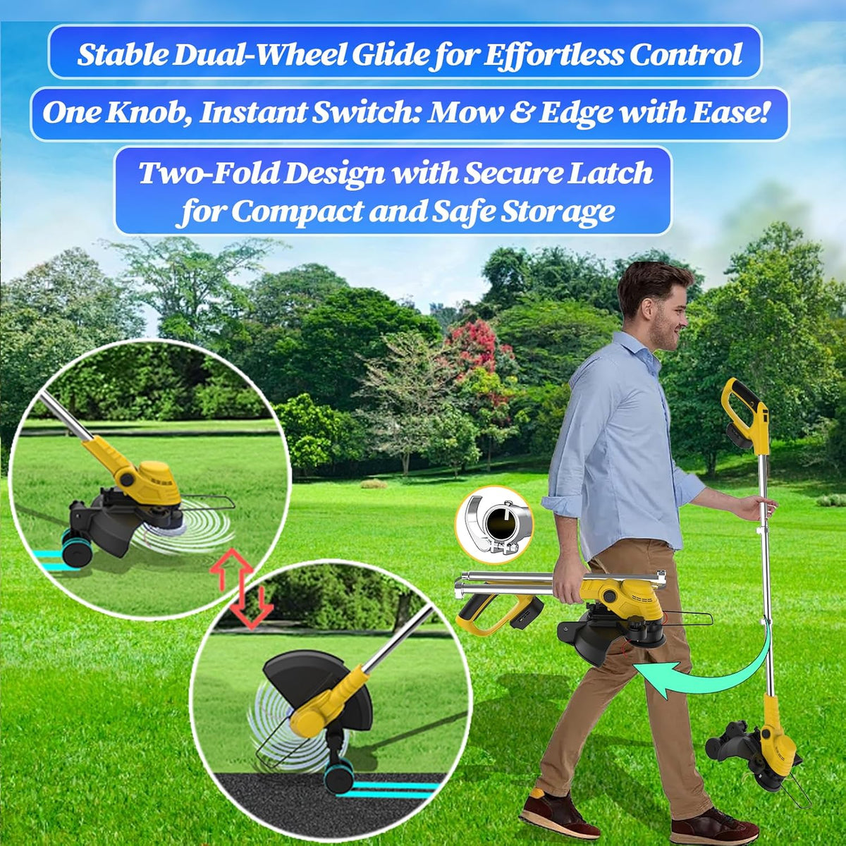 20000 RPM(4.0AhX2) Electric Weed Wacker,Dual-Durable-Line,Metal Blades,Wheel,4-in-1 Battery Powered Weed Eater Cordless+String Trimmer+Edger Lawn Tool+Brush Cutter,Weed Whacker,Weed Trimmer Lawn
