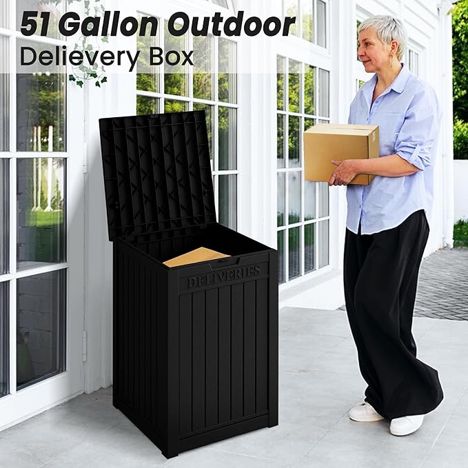 55 Gallon Outdoor Storage Box, Waterproof Resin Deck Box for Patio, Pool, and Garden, Lockable Bin for Cushions, Tools, and Accessories, UV-Resistant, Black