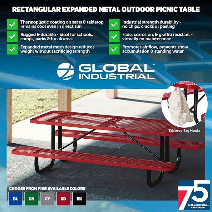 Global Industrial 8’L Rectangular Picnic Table, Expanded Metal, Black Thermoplastic Coating, Attached Benches, 1-1/2” Umbrella Pole Hole, Outdoor-Rated, 1000 lb Capacity, 96” x 30” Tabletop
