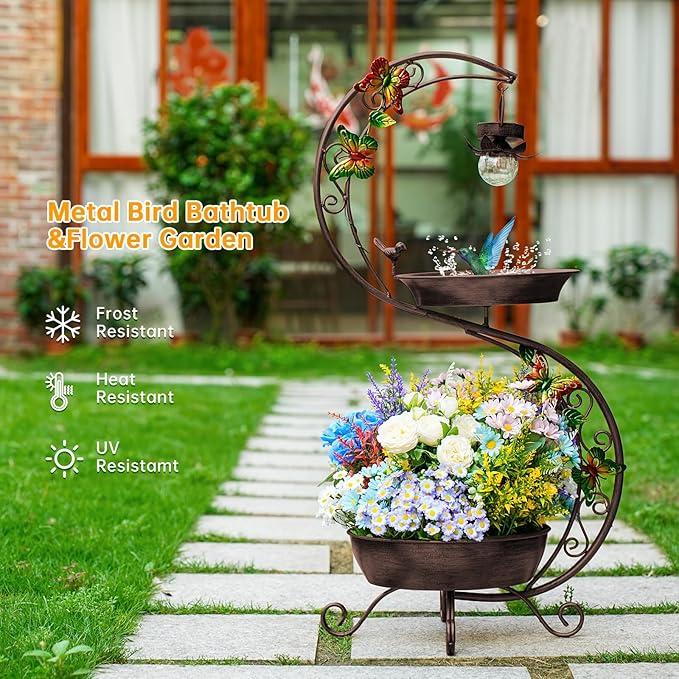 Bird Bath for Outside with Solar Lamp, 36" Birdbaths for Outdoors with Planter Flower Pot, Metal Bird Bath Bowl for Garden Yard Decor (All Vintage Brown)