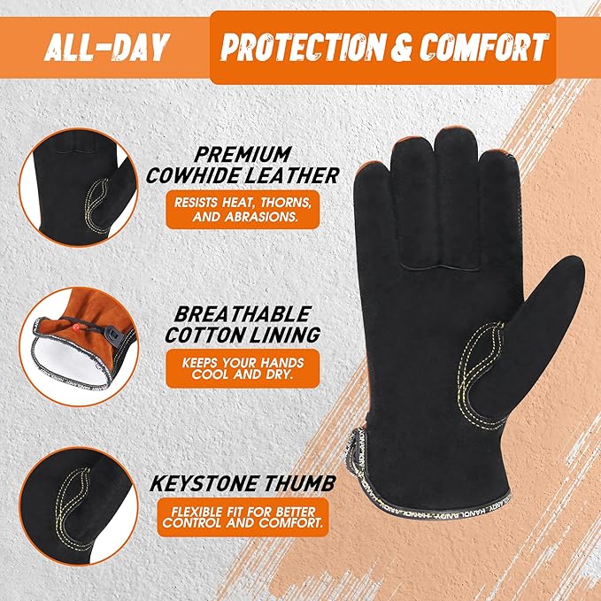 HLDD HANDLANDY Leather Work Gloves for Men & Women, Adjustable Wrist Cowhide Gardening Glove with Reinforced Palm for Driver