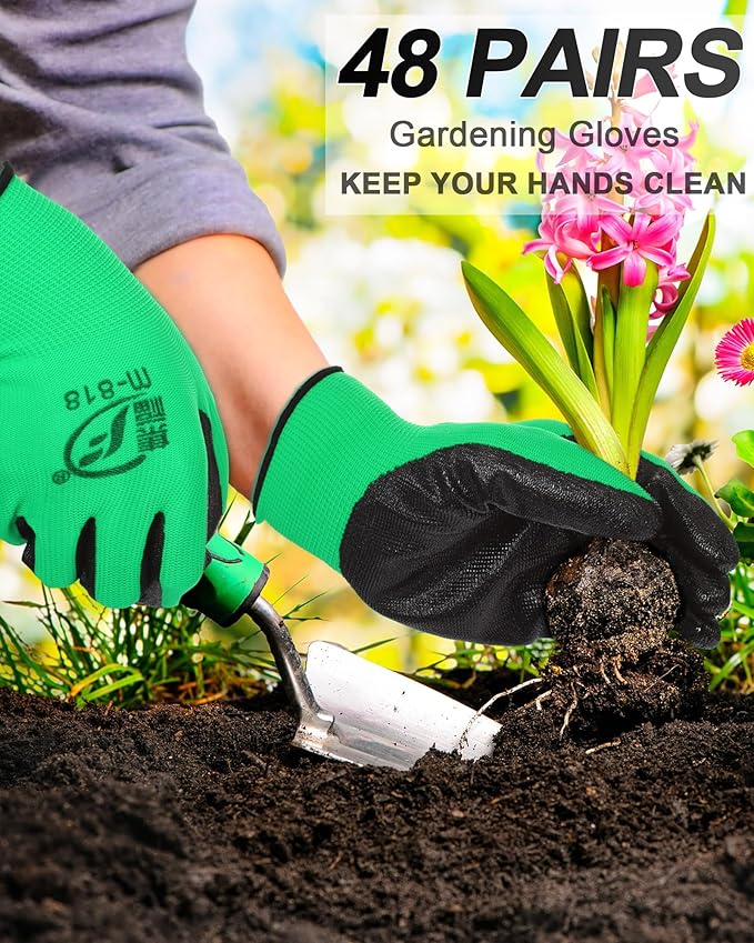 Nuogo 48 Pairs Gardening Gloves for Men Women Rubber Coated Safety Work Gloves Bulk for Gardening Construction Work