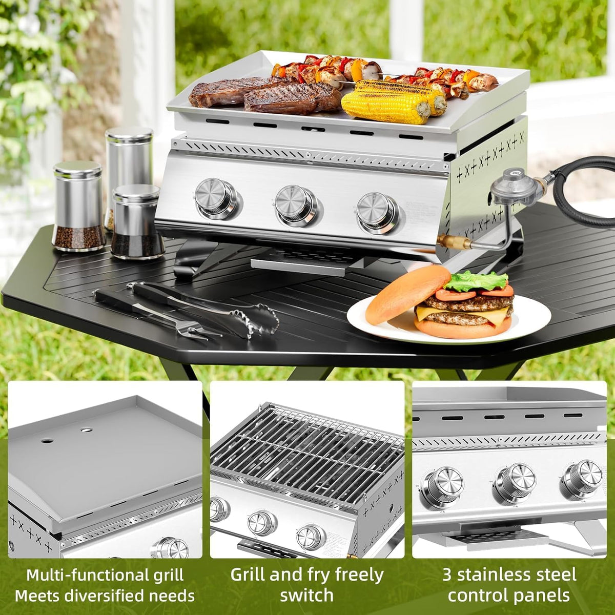 3-Burner Stainless Steel 2-in-1 Tabletop Grill and Griddle Combo, 24,000 BTU Portable Flat Top Propane Gas Grill for Commercial BBQ, Outdoor Cooking, Camping, Tailgates & Backyard