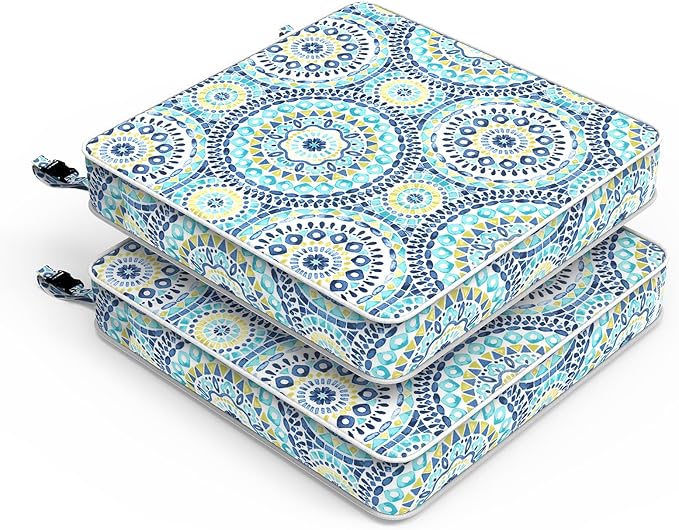 LVTXIII Patio Chair Cushions 22"x22"x3", Water-Repellent Outdoor Seat Cushions for Patio Furniture, Square Chair Pads with Ties for Home Garden Decoration, Set of 2, Delancey Lagoon