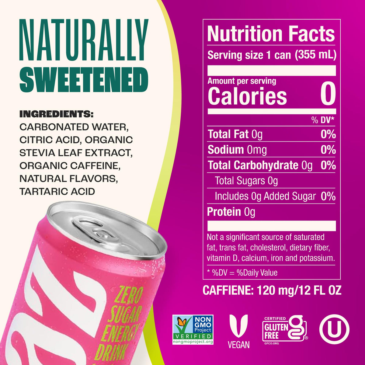 Zevia Zero Sugar Energy Drink, Fruity Fuel Variety Packs, 12 oz Cans - Naturally Sweetened, Non-GMO Project Verified, Gluten-Free, Vegan, (Pack of 24)