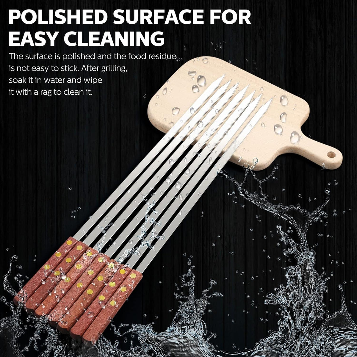 Cunhill 12 Pcs 19.7 Inch Kabob Skewers for Grilling 0.4 Inch Wide Flat Blade Thin Stainless Steel Kabob Sticks Long Barbecue Reusable Metal BBQ Skewers with Wood Handles for Tailgate Party Outdoor
