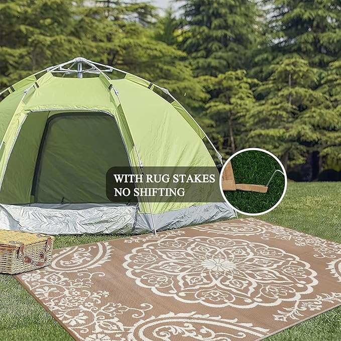 Pauwer Waterproof Outdoor Rug 5x8, Reversible Plastic Straw Patio Camping Rug, Indoor Outdoor RV Mat Carpet for Deck, Camper, Porch, Balcony, Backyard, Picnic, Boho Brown