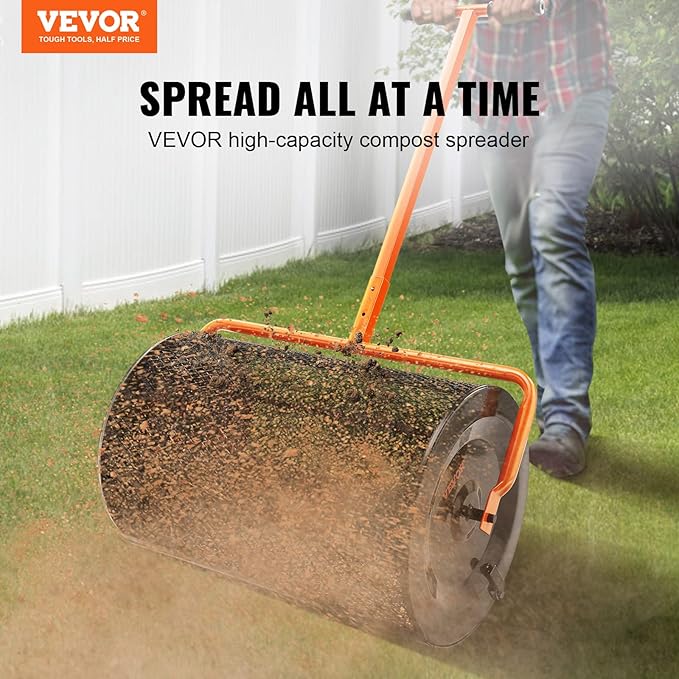 VEVOR Compost Spreader, 24.4-25.6" Height Adjustable Handle, 24" Wide, Lawn and Garden Peat Moss Roller with Side Latches, Powder Coated Steel Mesh Basket for Spreading Manure, Topsoil, Black