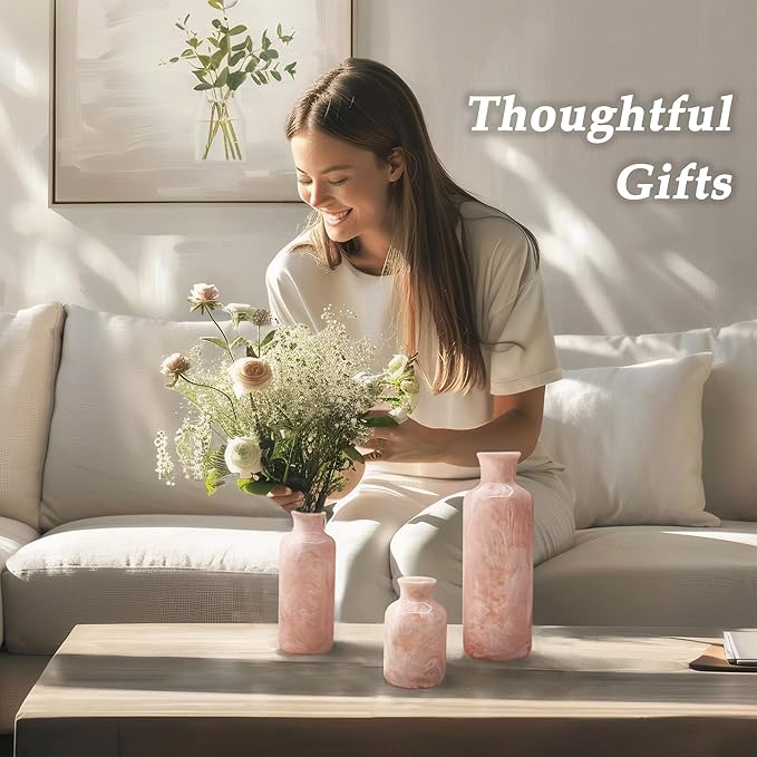 Resin 3 Piece Vase Set, Farmhouse Decor, Home Decorative Vase, Vases for Your Kitchen, Bedroom, Office, Living Room, Bathroom, & Shelf Centerpiece Table Decorations, Pink