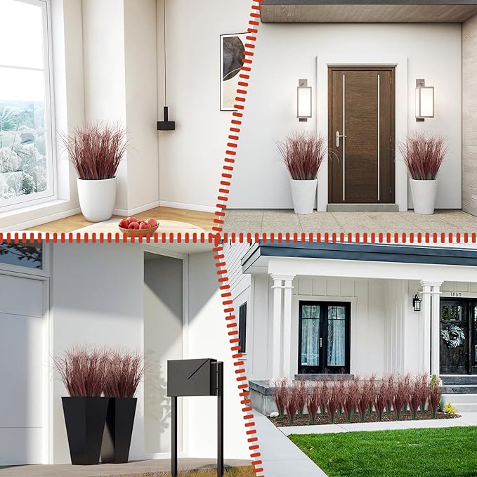 24Pcs Artificial Grass Plants, Faux Shrubs Wheat Grass, Artificial Tall Grasses Fake Plants for Outdoor Decor,Artificial Greenery Stems Weed for Room Indoor Home Decor（Red）