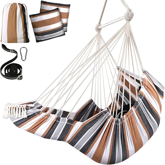 Chihee Hammock Chair Hanging Chair with Foot Rest 2 Cushions Max 500lbs Robust Metal Spreader Bar Collapsible Easy Storage Soft Cotton Swing Chair Strong Strap Iron Carabiner Side Pocket Included