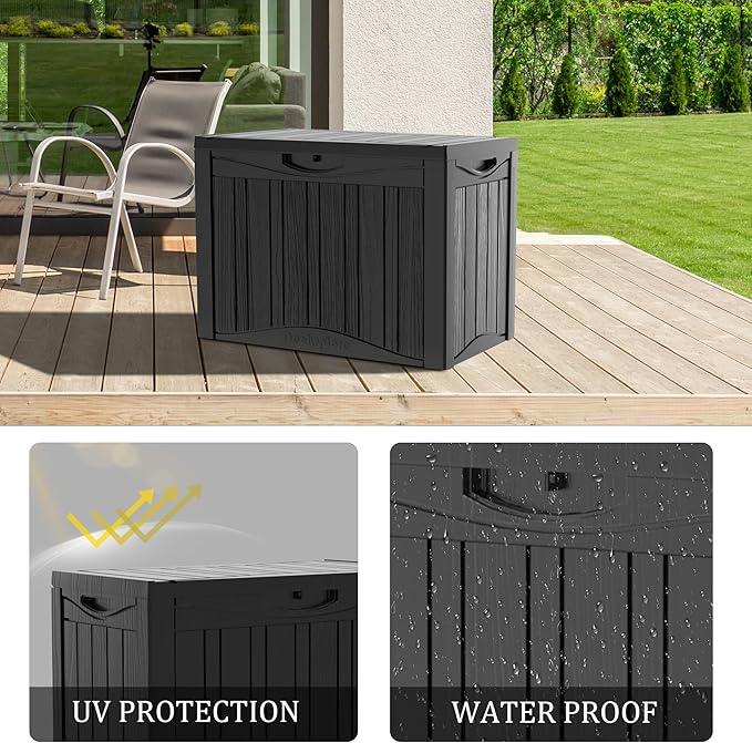 50 Gallon Lockable Resin Deck Box, Waterproof & UV-Resistant Outdoor Storage Box for Outdoor Cushion Storage, Garden Tools & Pool Accessories Storage, Black