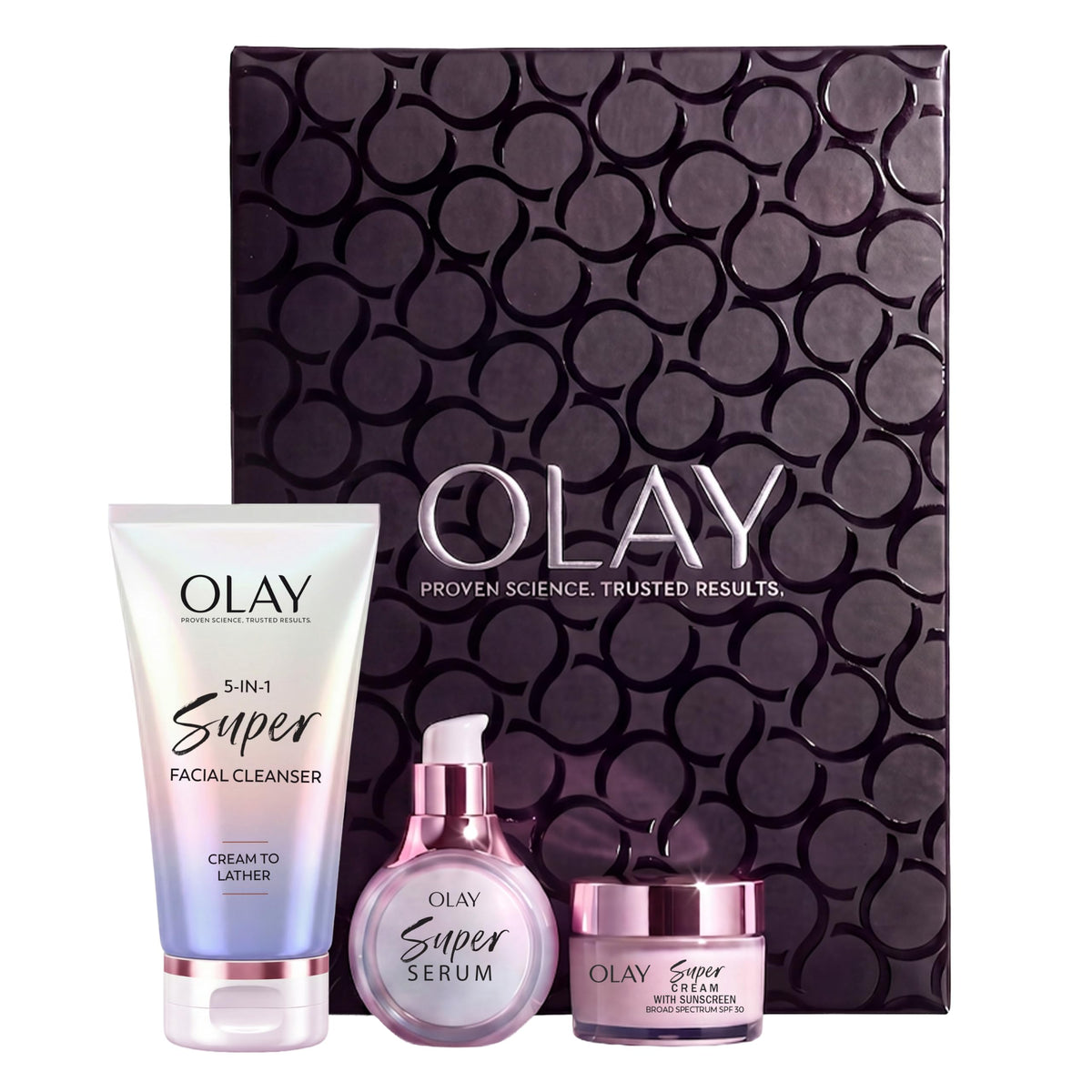 Olay 5-in-1 Holiday Mini Gift Pack - Super Serum Trial 0.4 fl oz, Super Facial Cleanser 4.5 fl oz, Super Cream with Sunscreen SPF 0.5 oz - Brightening, Hydrating, Anti-Aging Skincare Set